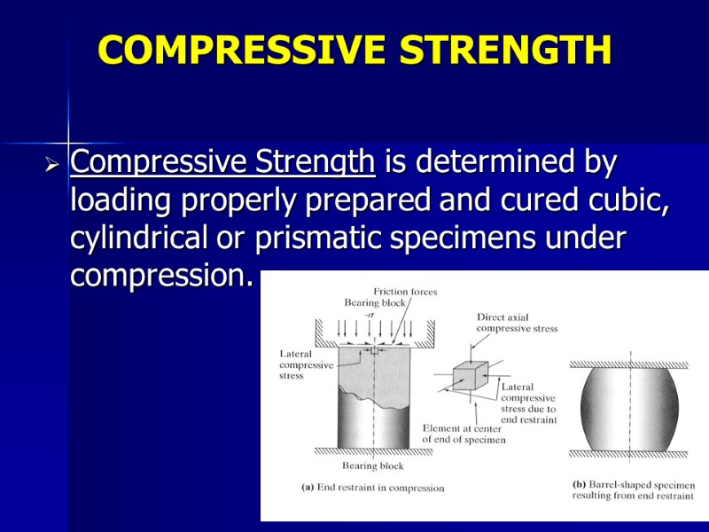 COMPRESSIVE STRENGTH  Compressive Strength is determined by loading properly prepared and cured cubic,